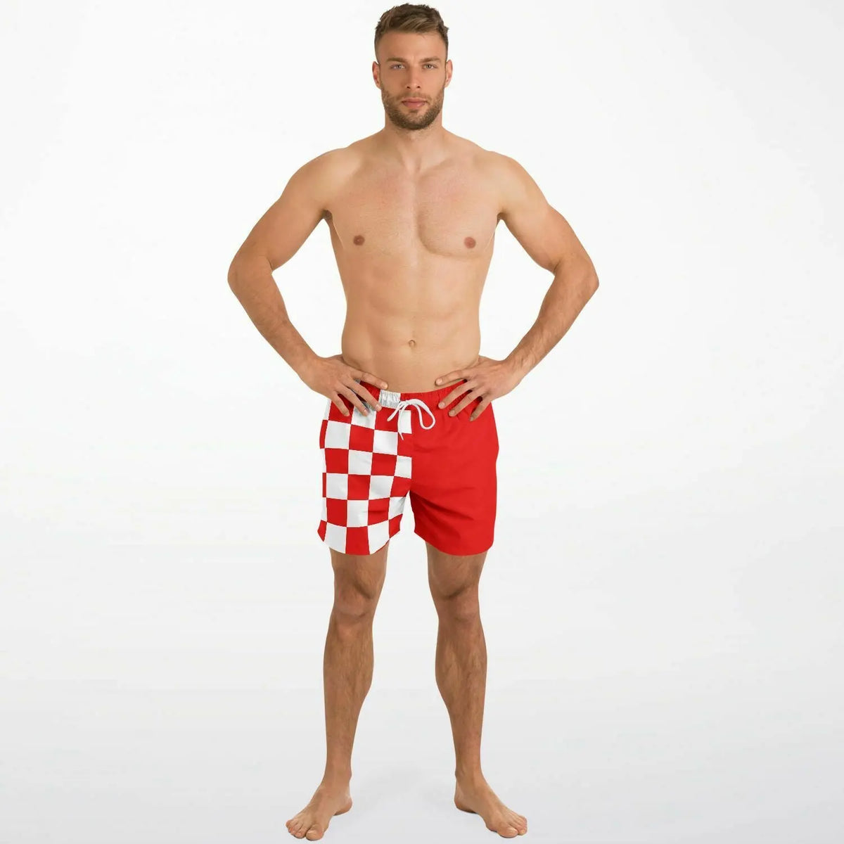 Red and white checkered men's swim shorts with drawstring worn by a model by Maris Equi.