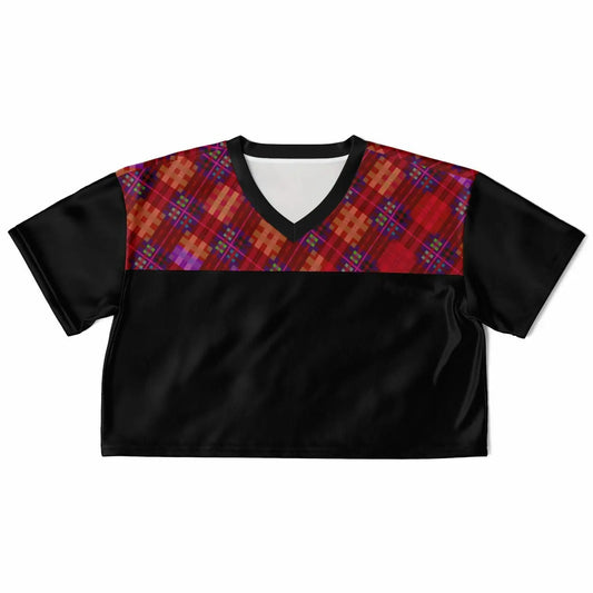 Red tartan crop top with black jersey fabric featuring a V-neck design by Maris Equi.