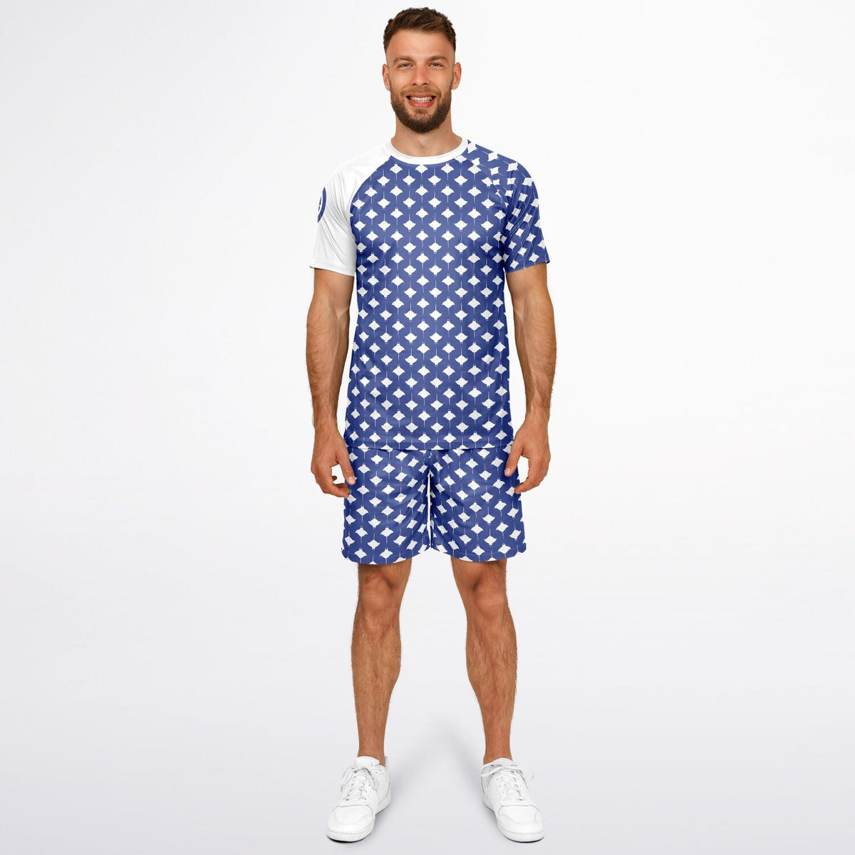 Men's blue top and shorts set with white manta ray print made by Maris Equi featuring short sleeves and a relaxed fit.