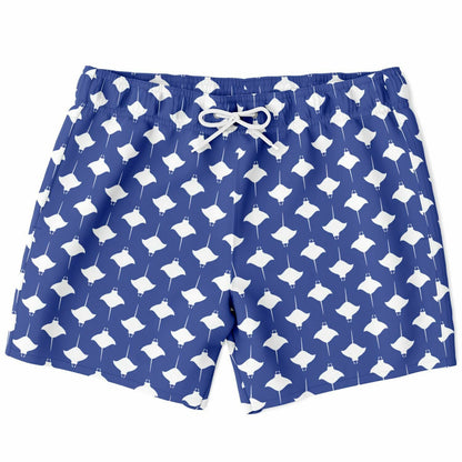 Blue swim shorts with white manta ray pattern elastic waistband and drawstring by Maris Equi