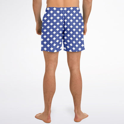 Men's swim shorts in blue with white manta ray pattern featuring an elastic waistband by Maris Equi.