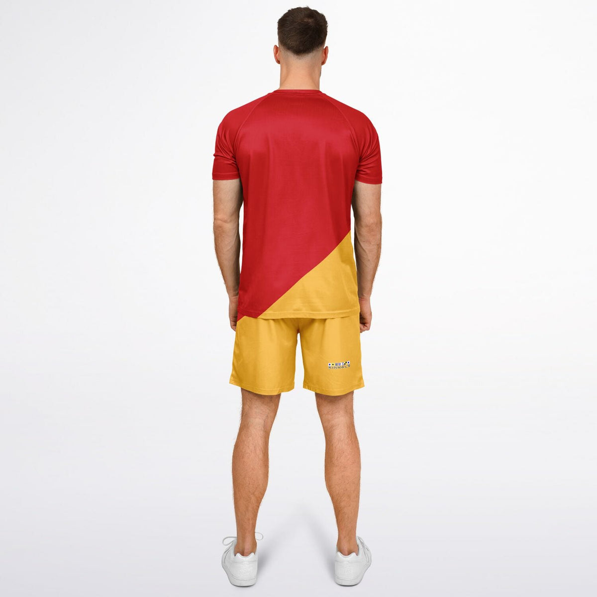 Men's red and yellow shorts and top set by Maris Equi featuring a color-block design and lightweight fabric.