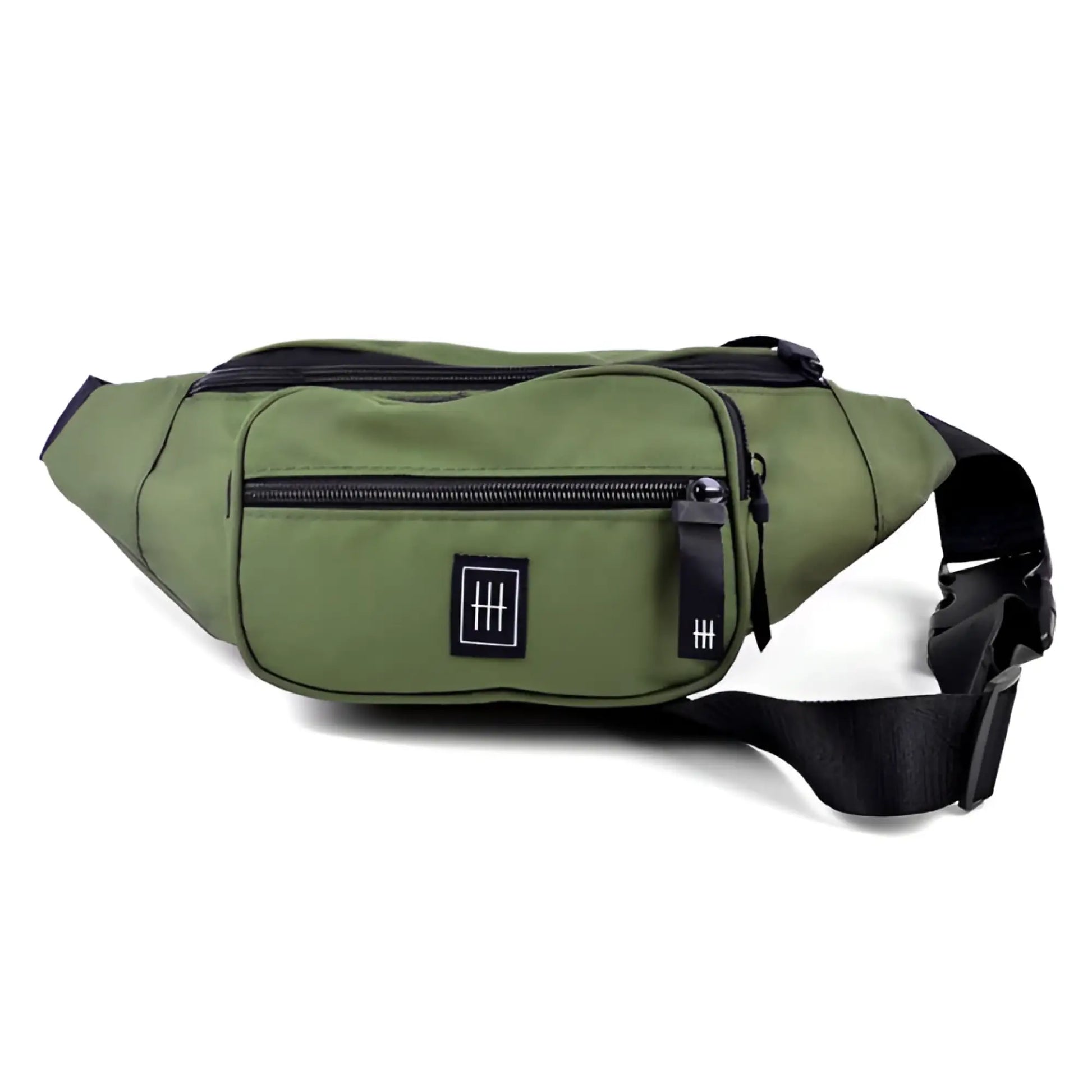 Olive green canvas fanny pack with black zippers and minimalist logo patch for hands-free carrying