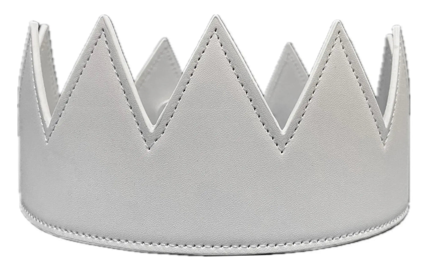 White leather faux leather crown with stitched edges and pointed triangular peaks for dress up and play