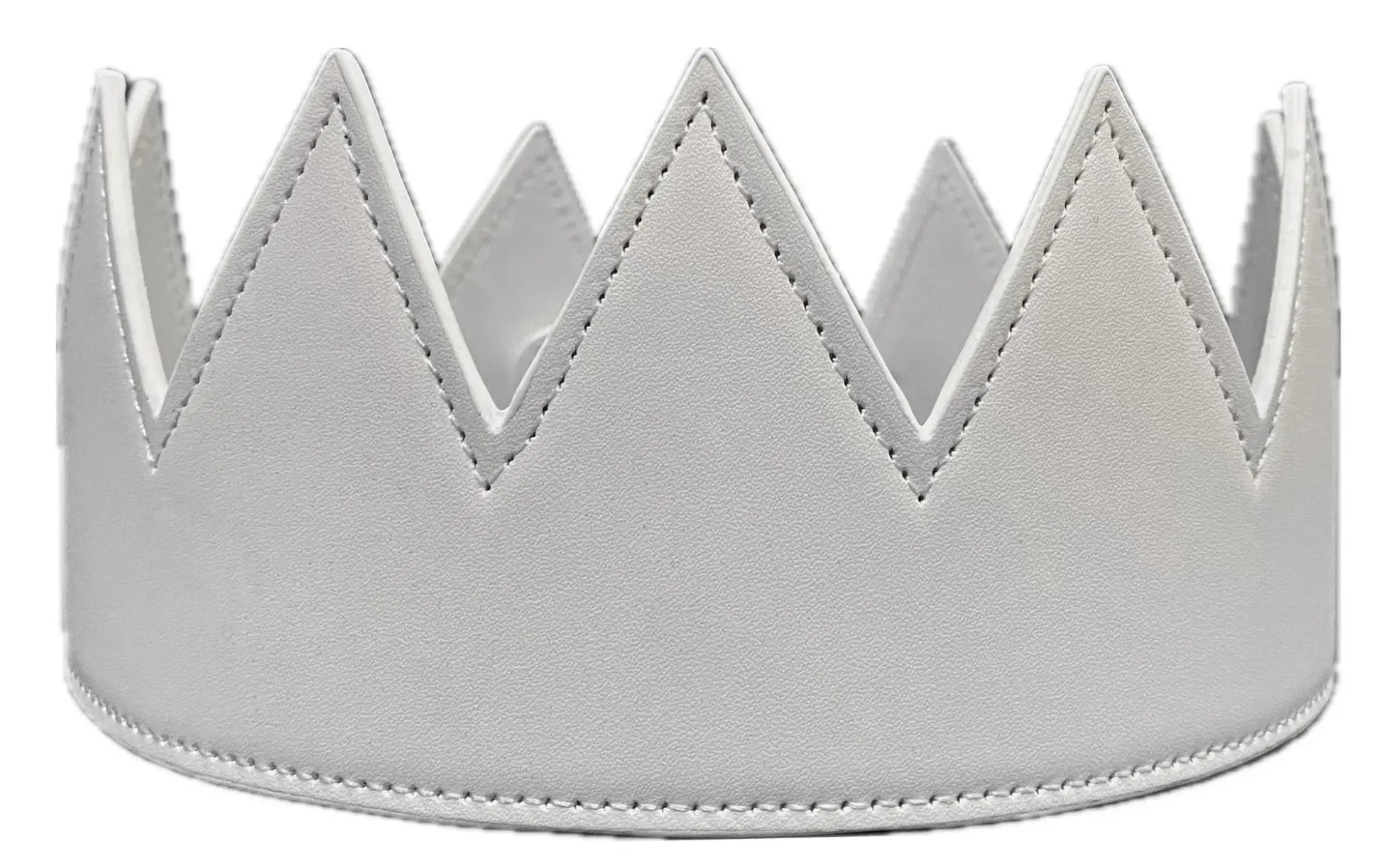 White leather faux leather crown with stitched edges and pointed triangular peaks for dress up and play