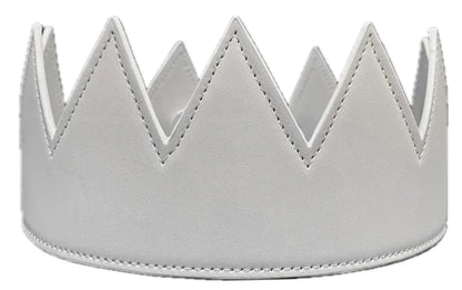 White leather faux leather crown with stitched edges and pointed triangular peaks for dress up and play