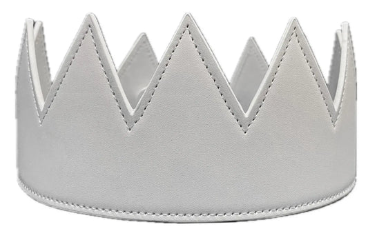 White leather faux leather crown with stitched edges and pointed triangular peaks for dress up and play