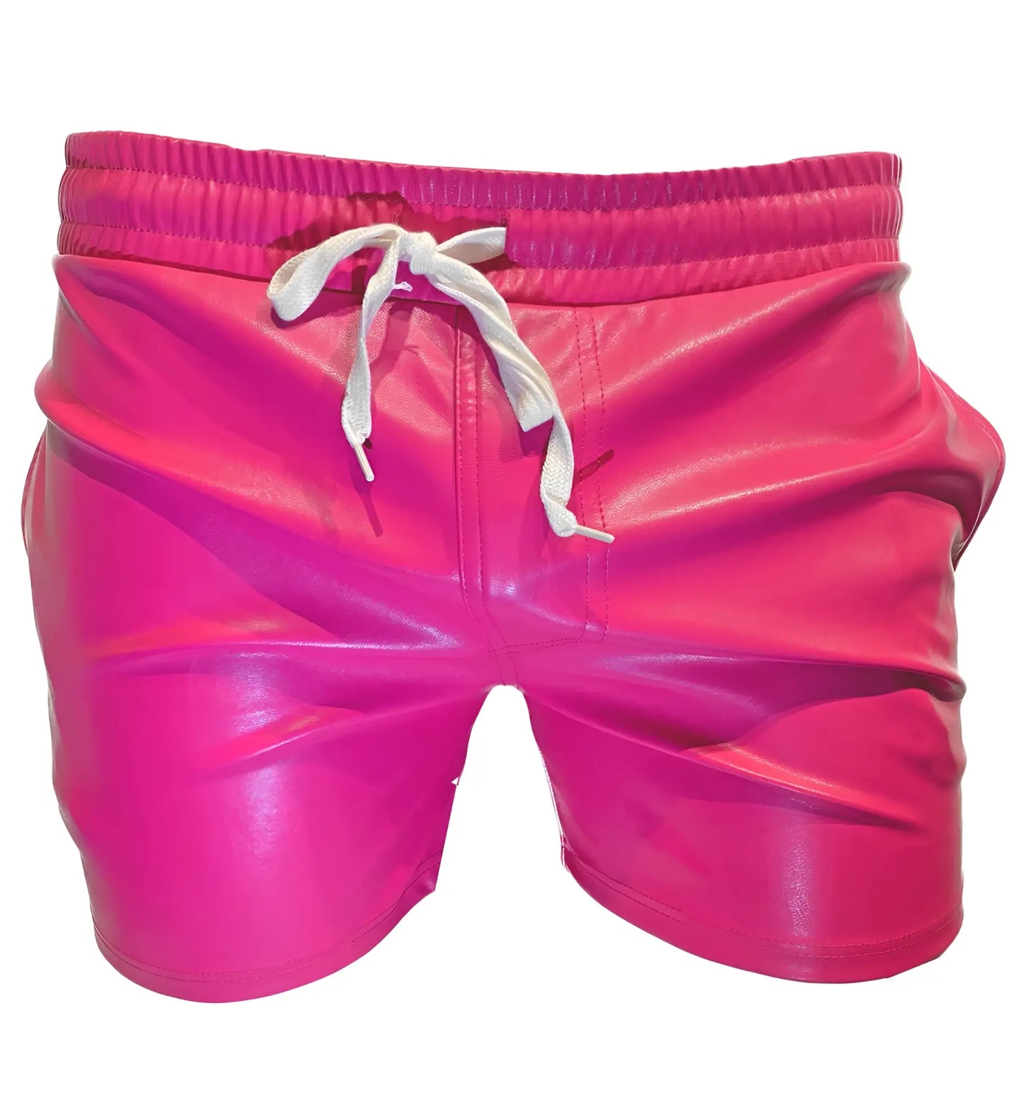 Vibrant fuchsia shiny faux leather shorts with white drawstring waistband for stylish casual wear
