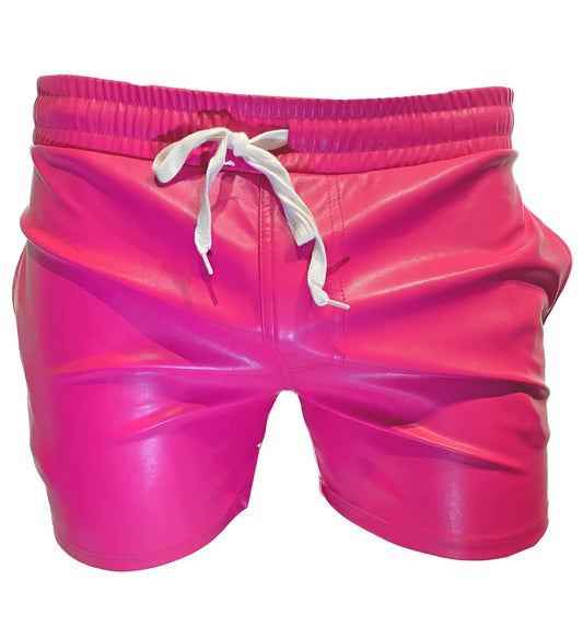 Vibrant fuchsia shiny faux leather shorts with white drawstring waistband for stylish casual wear