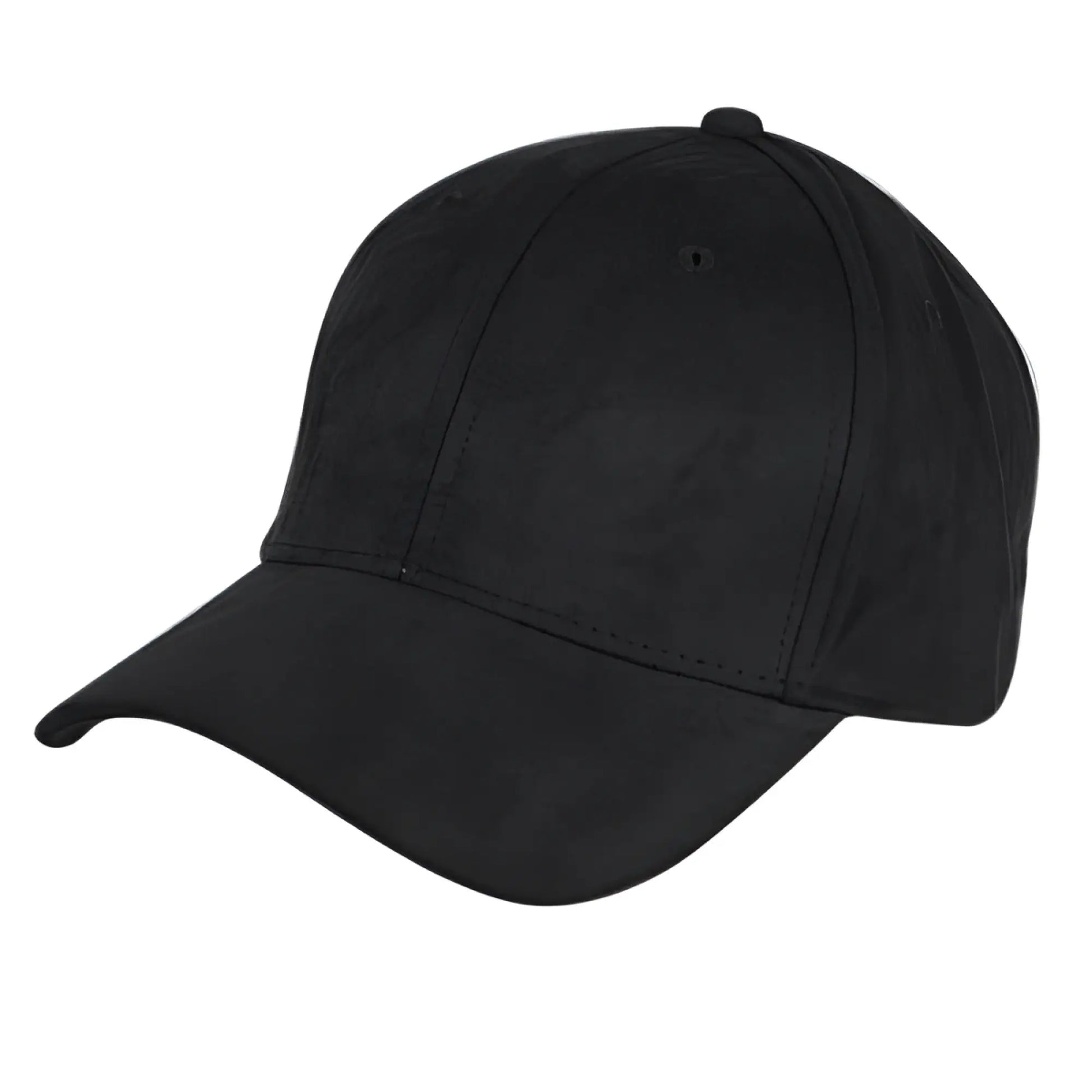 Black faux suede baseball cap with curved brim and stitched panels available in 8 colors