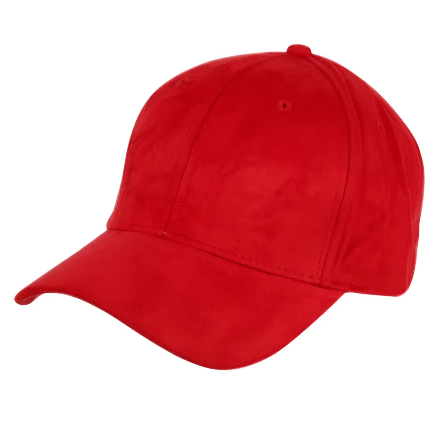 Red suede baseball cap with curved brim and stitched panels available in eight colors for casual wear