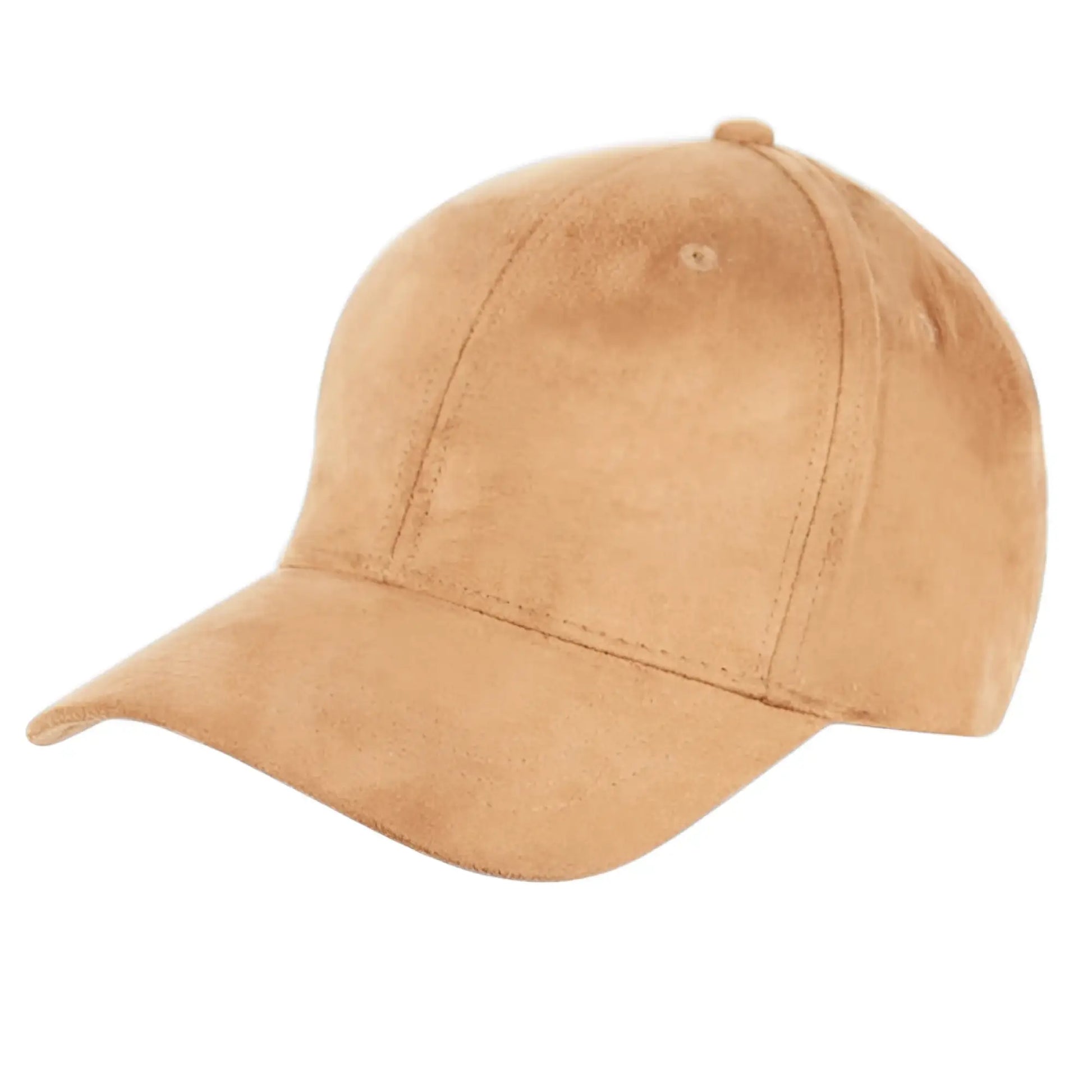 Tan faux suede baseball cap with curved brim and stitched paneling available in 8 colors