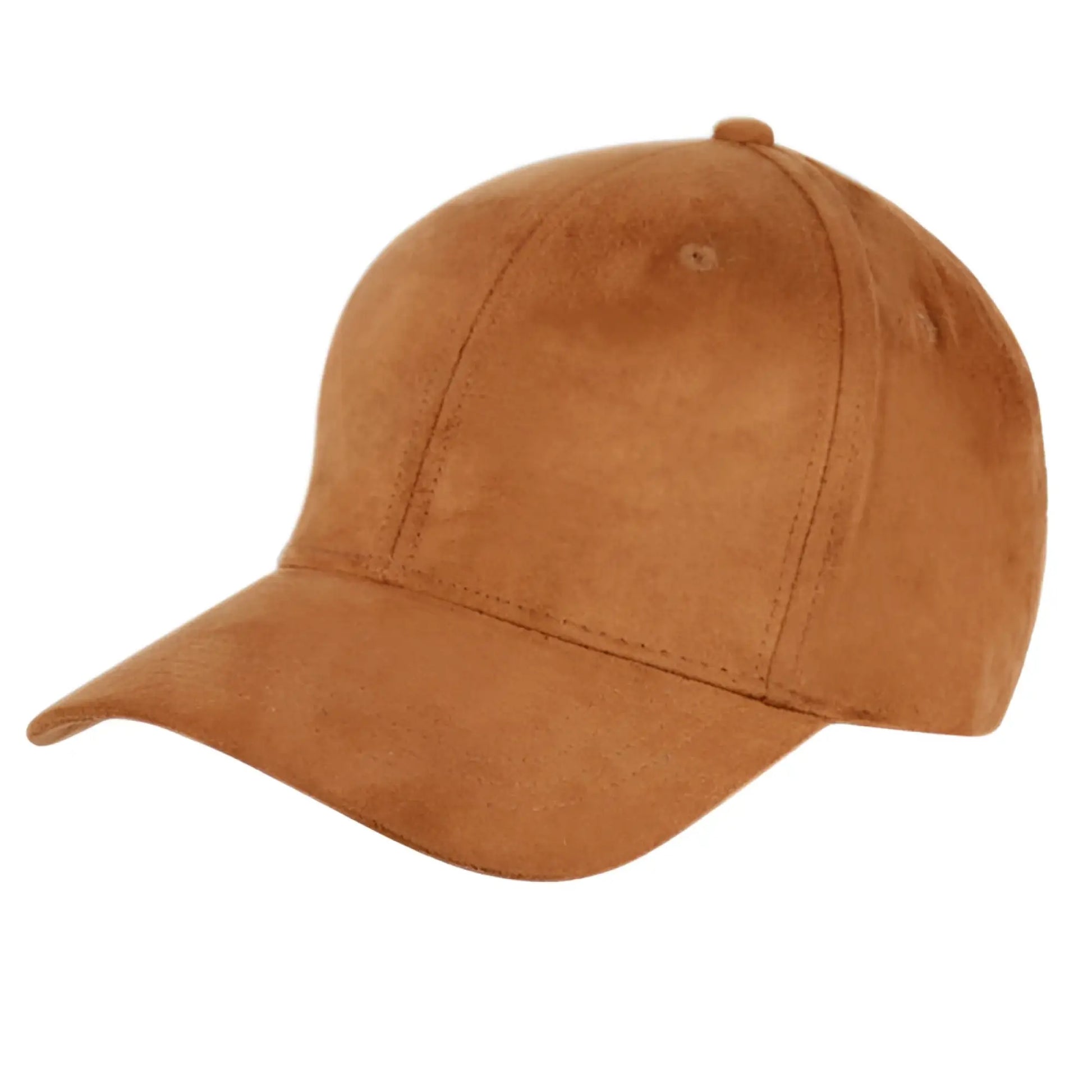 Tan faux suede baseball cap with curved brim and stitched paneling available in 8 colors