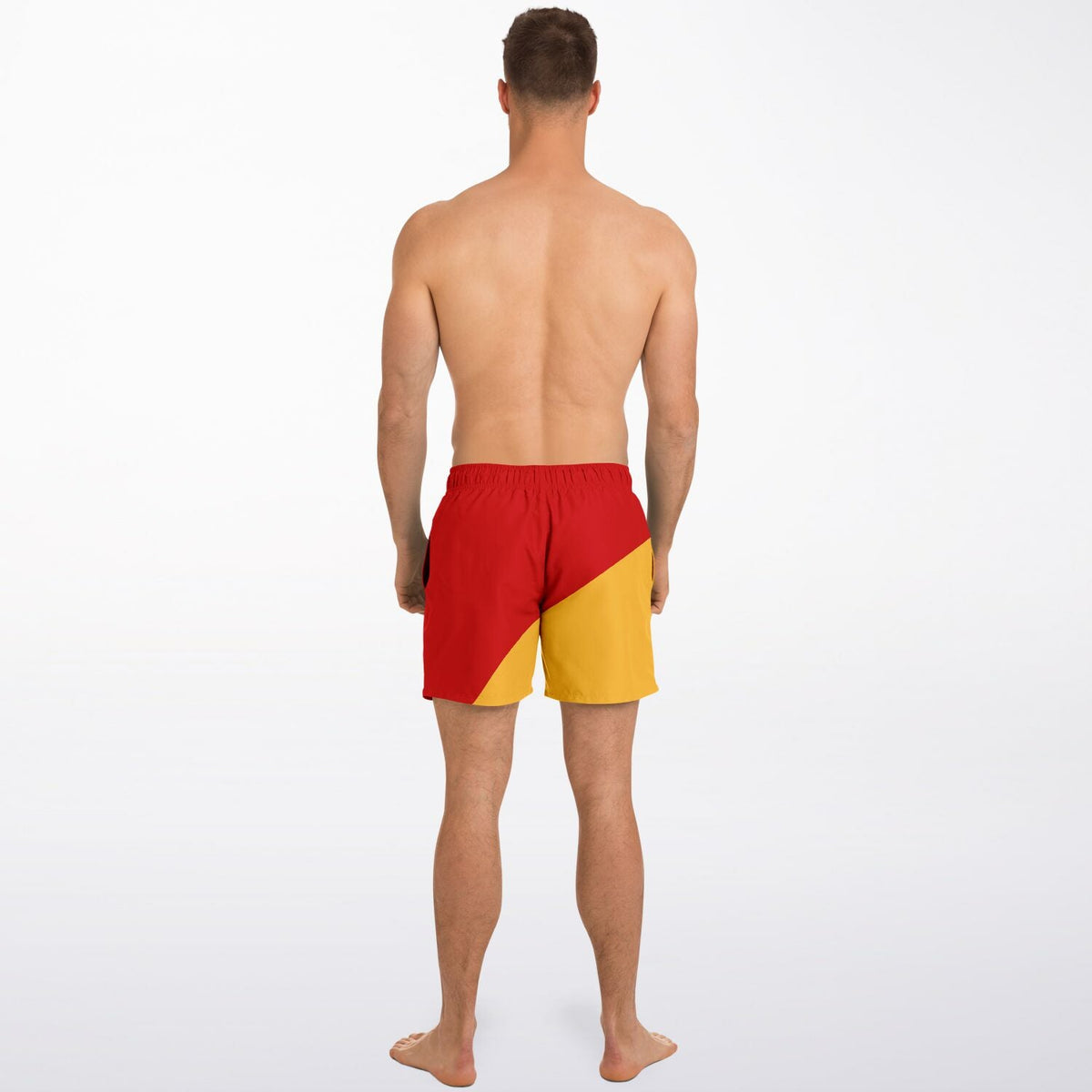 Men's swim shorts by Maris Equi in red and yellow with a color-block design featuring an elastic waistband and a comfortable fit.