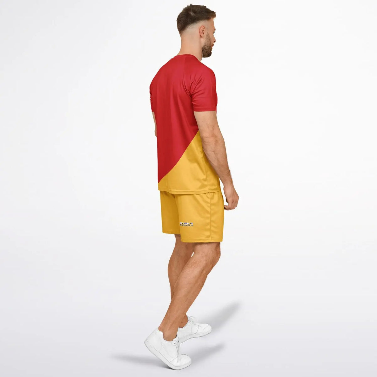 Men's nautical-themed shorts and top set in red and yellow made by Maris Equi featuring a color-block design.