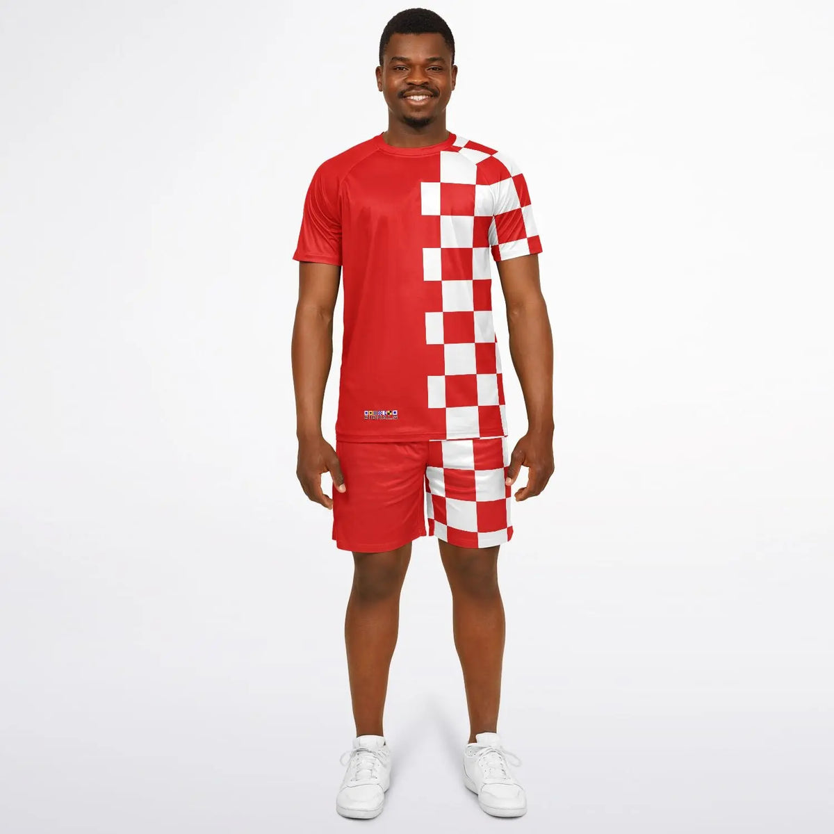 Red and white checkered shorts and matching top set by Maris Equi made from lightweight fabric featuring a sporty design.