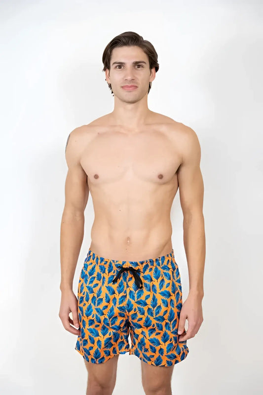 Men’s feather print swim short with vibrant blue and orange leaf pattern and black drawstring waistband