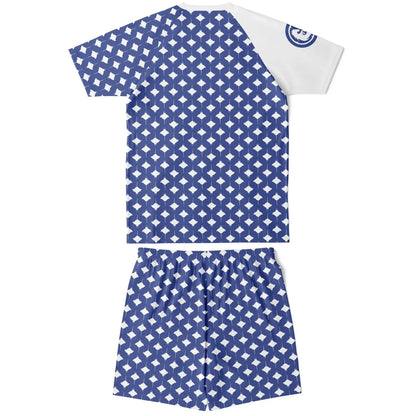 Men's blue top and shorts set with manta ray print made of lightweight fabric by Maris Equi.