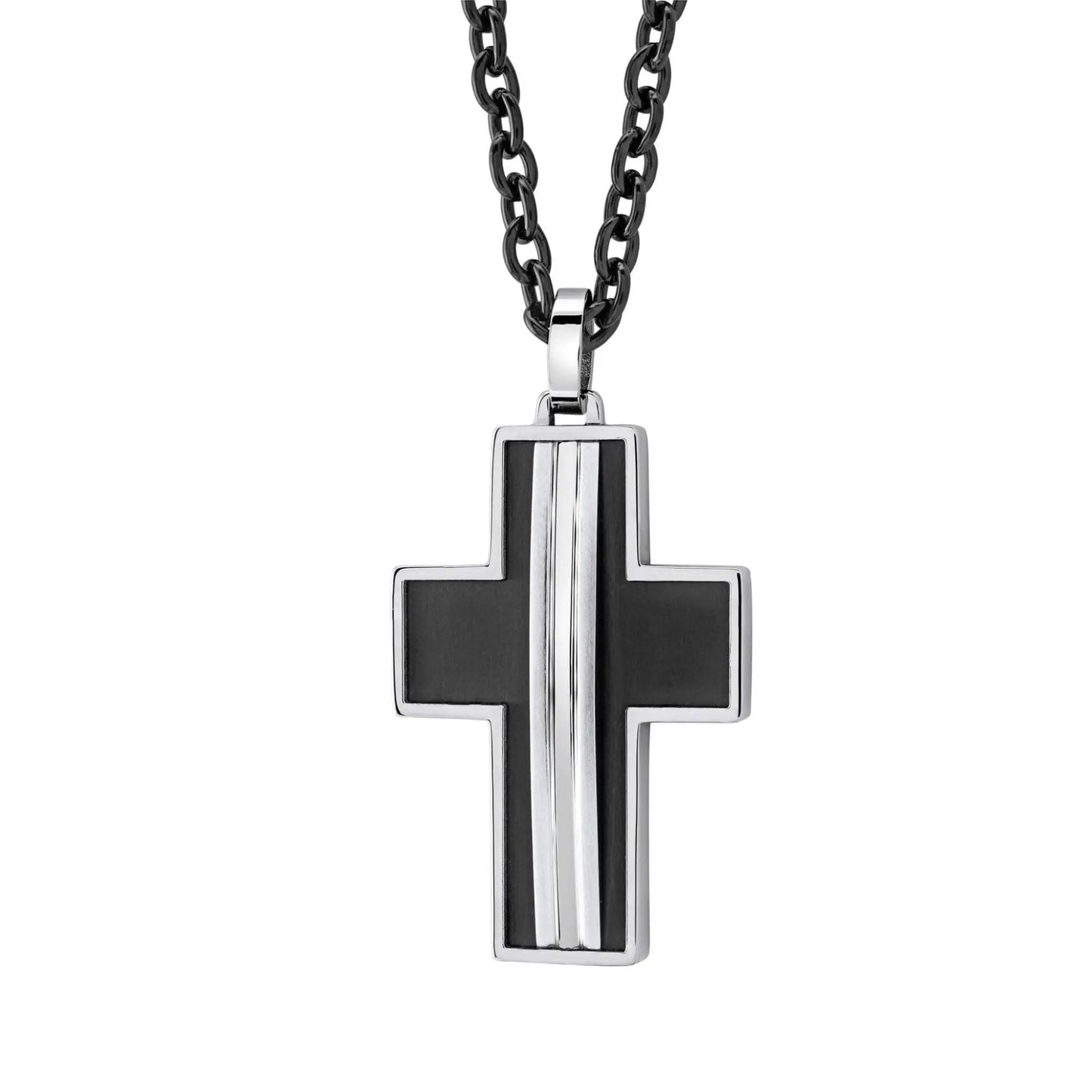 Black and silver fede cross pendant with sleek modern design and three vertical stripes on silver center