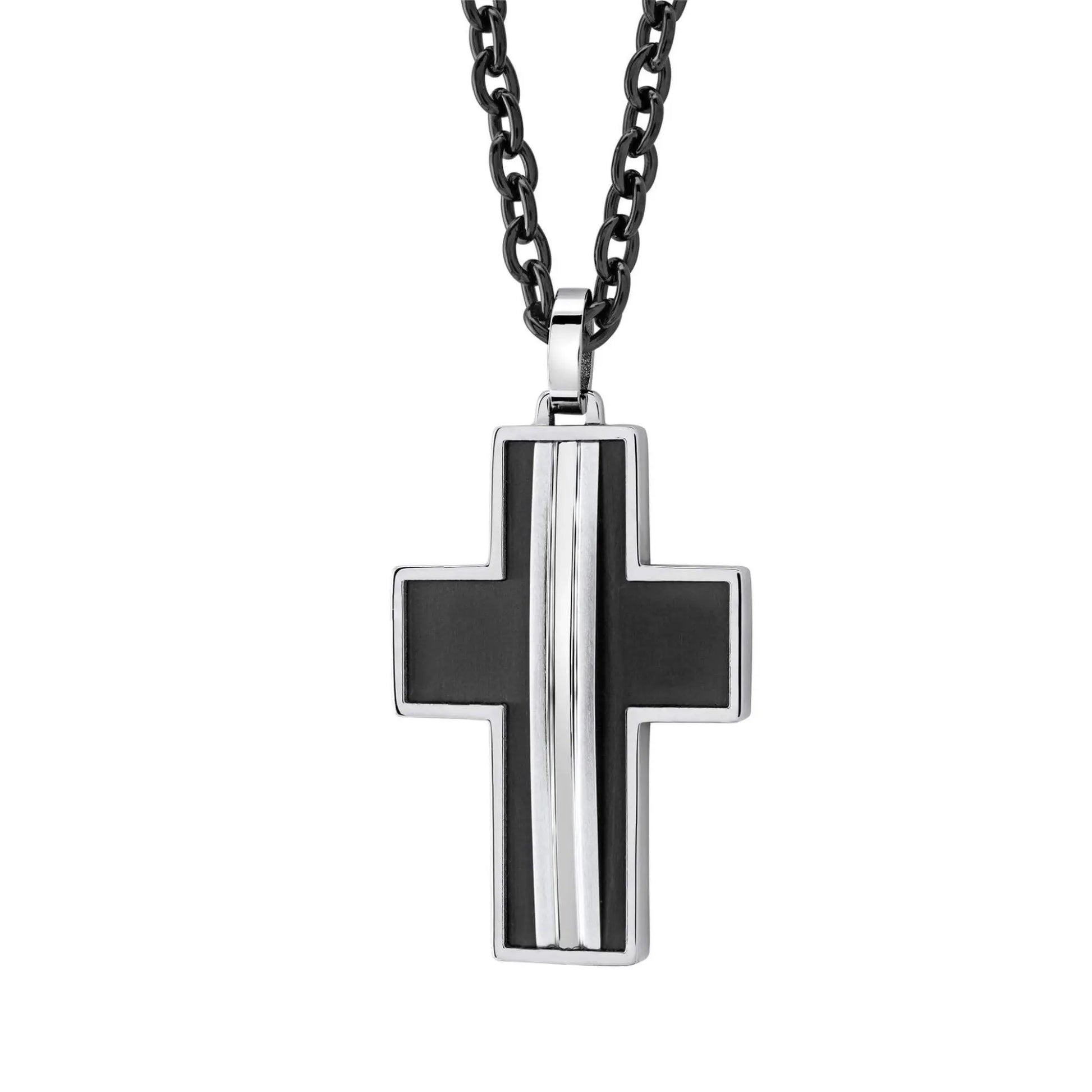Black and silver fede cross pendant with sleek modern design and three vertical stripes on silver center