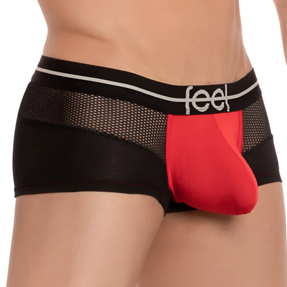 Feel feg022 boxer trunk black and red mesh briefs with bold feel logo on the waistband