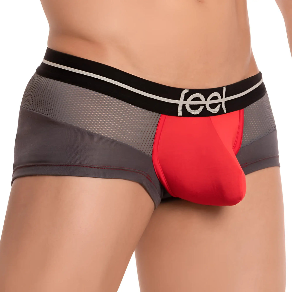Feel feg022 boxer trunk in red and gray athletic briefs with black waistband featuring the feel logo in white