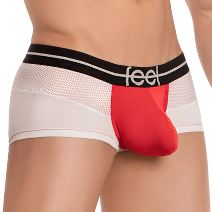 Feel feg022 boxer trunk red and white mesh briefs with black waistband featuring feel logo front view