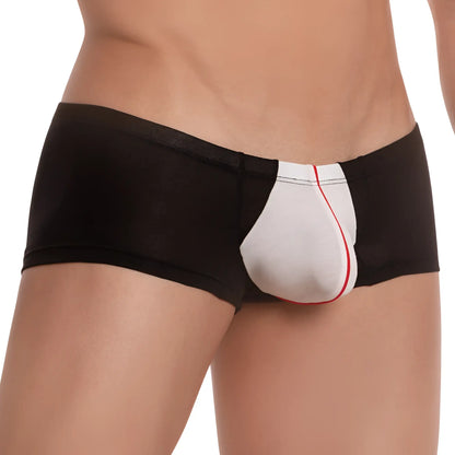 Feel feg023 boxer trunk black and white menâ€™s briefs with red trim detail front view in soft fabric