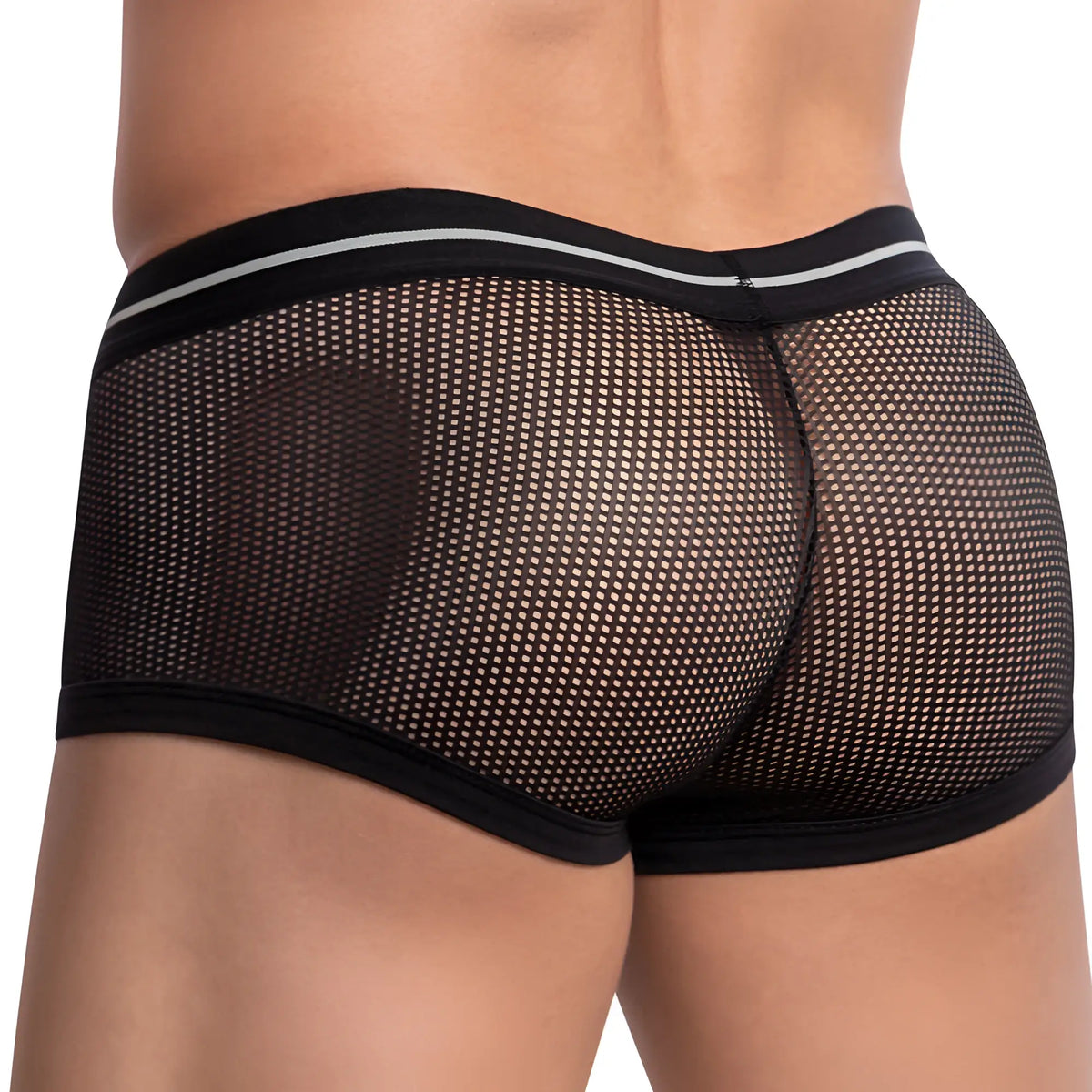 Feel feg024 boxer trunk black mesh briefs with solid black waistband and two thin white stripes
