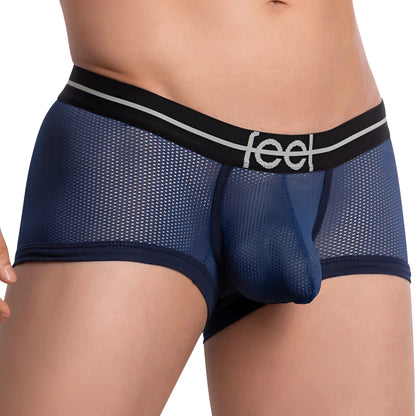 Navy blue mesh boxer trunk with black waistband and white feel branding in feel FEG024 design