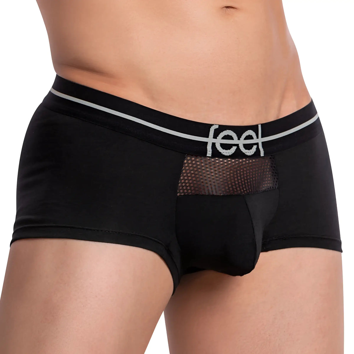 Feel feg025 boxer trunk black menâ€™s briefs with mesh panel and white feel branding on waistband