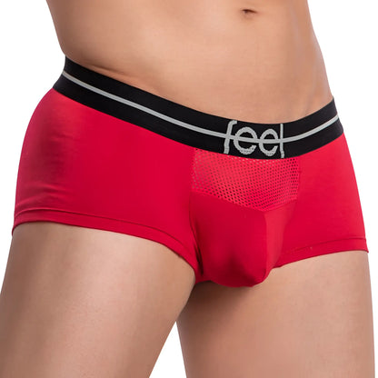 Red feel feg025 boxer trunk briefs with black waistband silver logo and front mesh panel for breathable comfort