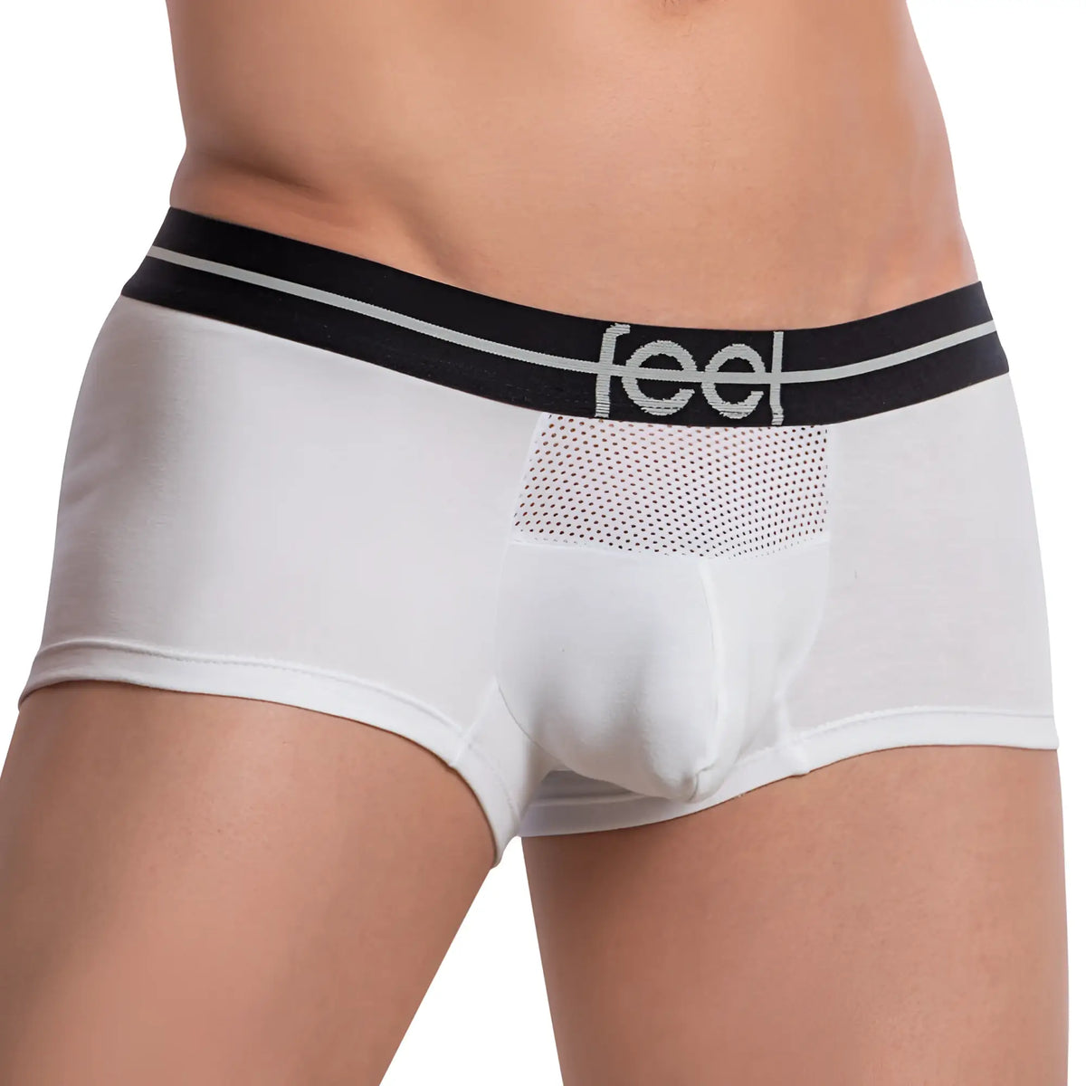 Feel FEG025 boxer trunk briefs in white with black waistband silver stripes feel logo and front mesh panel