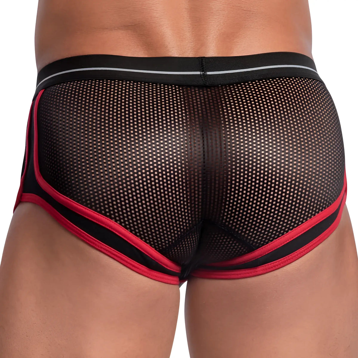 Feel feg026 boxer trunk black mesh briefs with red and black trim front view showcasing breathable material