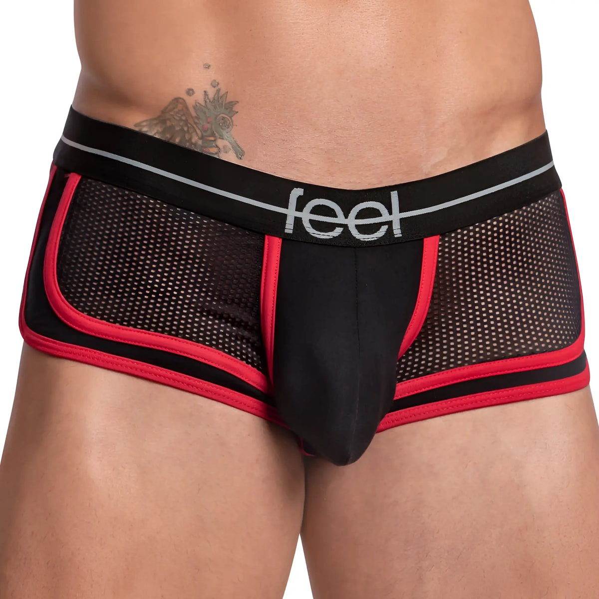 Feel feg026 boxer trunk black and red mesh briefs with bold red trim and silver feel logo on waistband