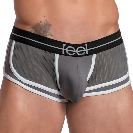 Feel FEG026 boxer trunk gray mesh briefs with white and black trim and feel logo on waistband