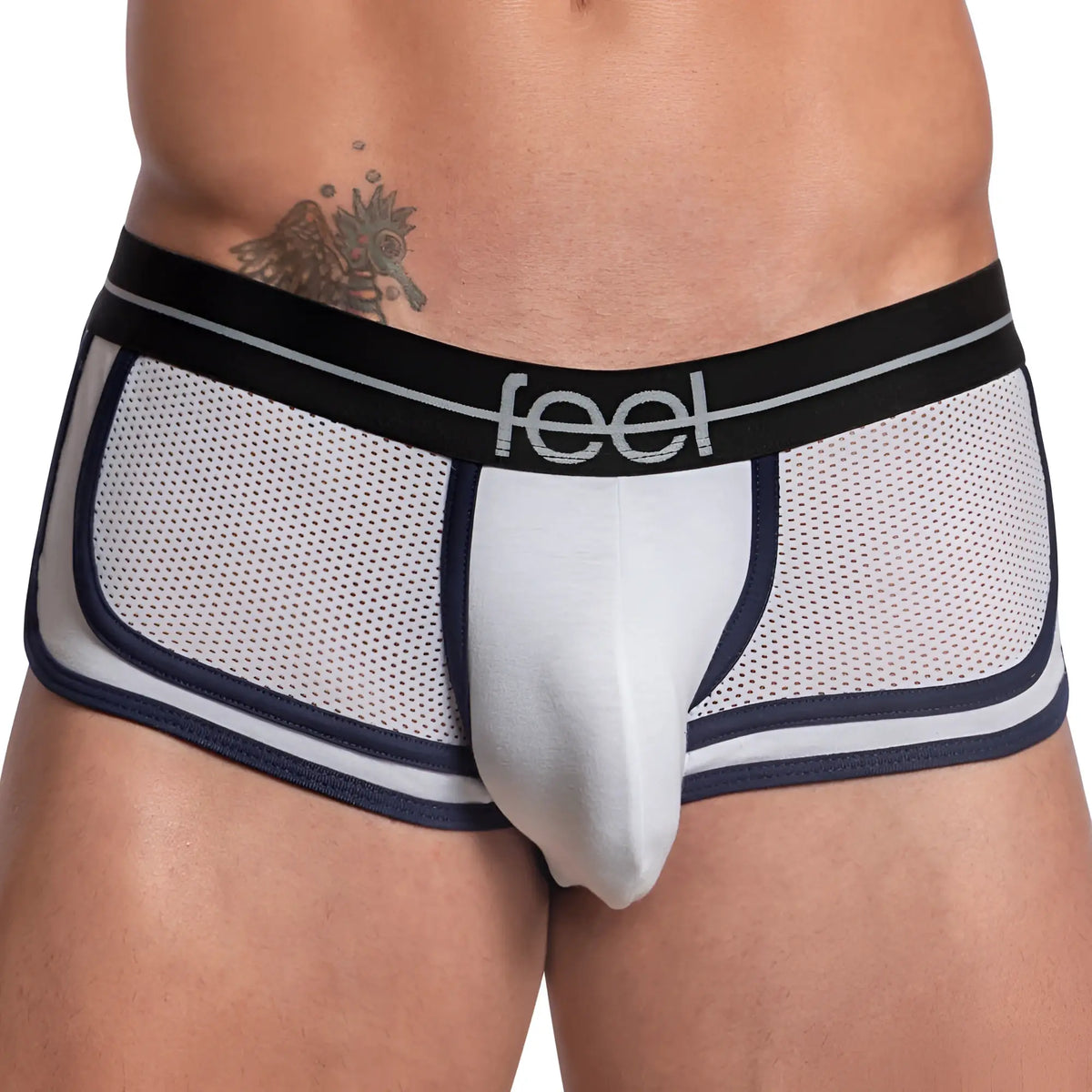 Feel feg026 boxer trunk white and navy blue mesh briefs with black waistband featuring feel logo