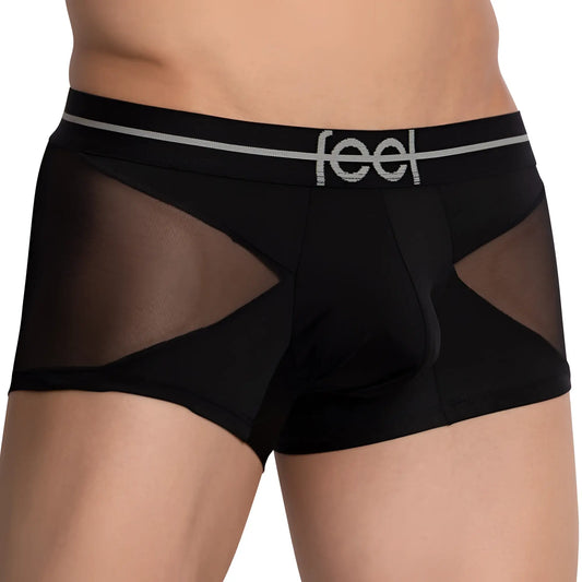 Black mesh boxer trunk with sleek modern design and silver feel logo embroidered on waistband by feel feg028