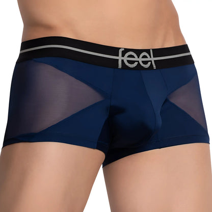 Navy blue mesh feel feg028 boxer trunk with black waistband and silver logo for comfortable everyday wear