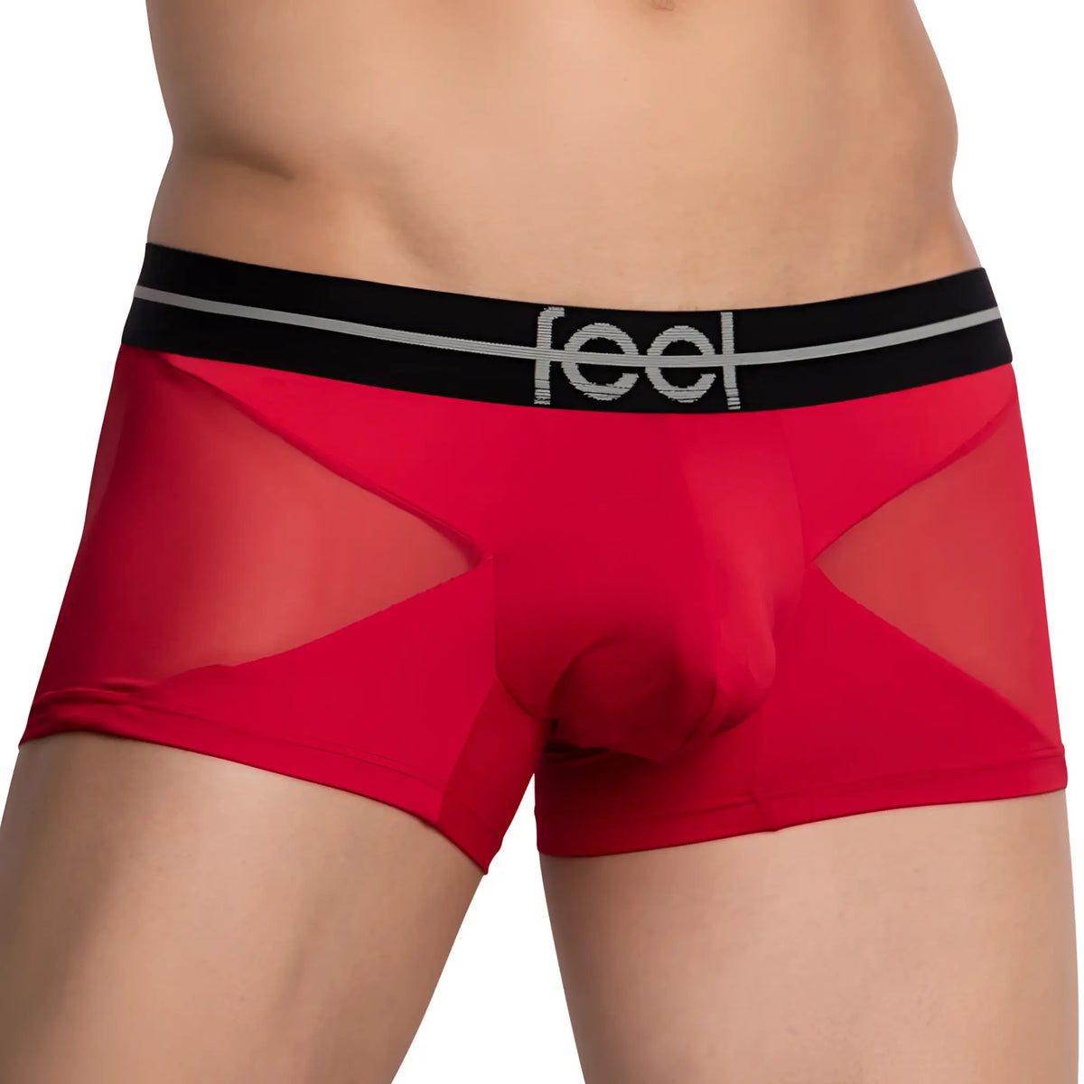 Feel FEG028 boxer trunk in red sheer mesh with black waistband and silver feel logo for stylish comfort
