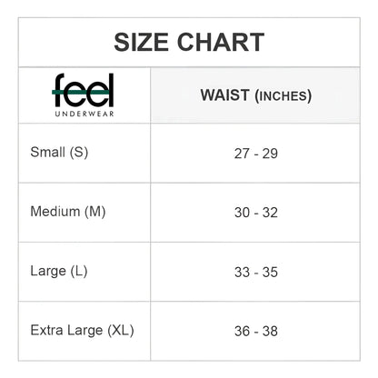 Feel feg028 boxer trunk underwear size chart showing waist measurements for small to extra large sizes