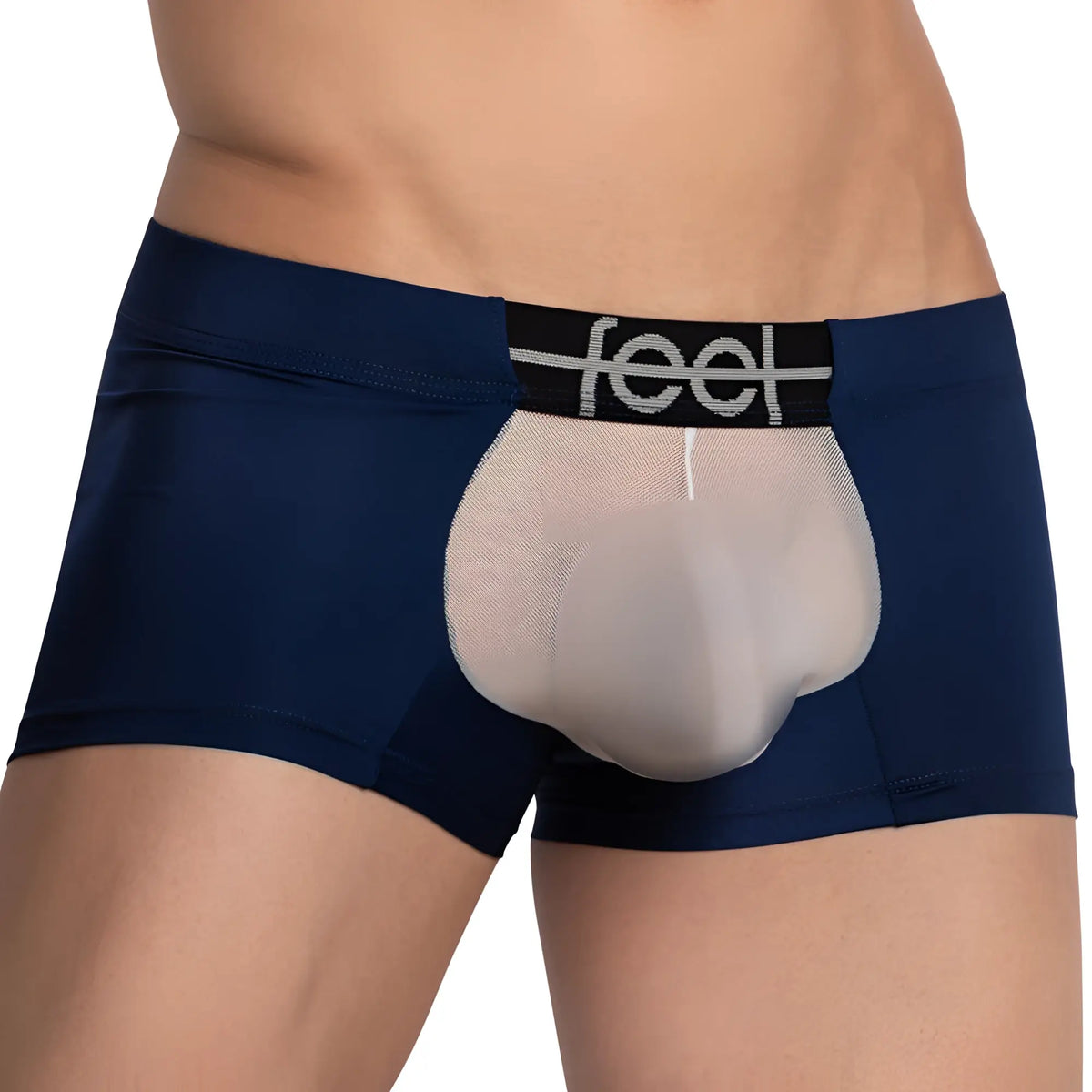 Feel feg029 boxer trunk navy blue briefs with sheer mesh panel and black waistband featuring feel logo