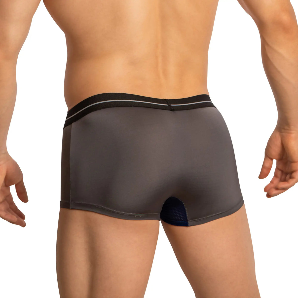 Feel feg030 boxer trunk gray menâ€™s boxer briefs with black waistband white stripes and dark blue mesh back panel