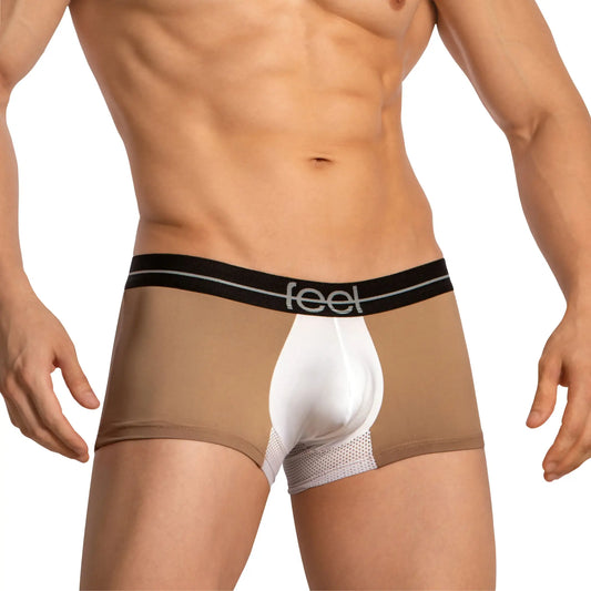 Feel feg030 boxer trunk tan and white menâ€™s boxer briefs with black waistband featuring the feel logo