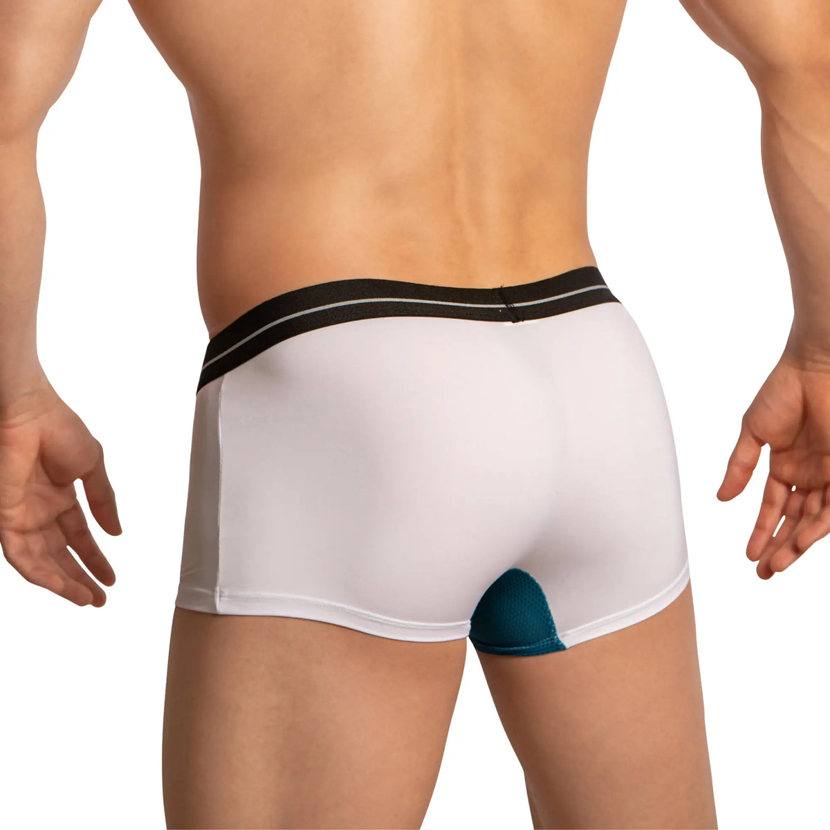 Feel FEG030 boxer trunk white briefs with black waistband white stripes and teal back panel shown from the back side