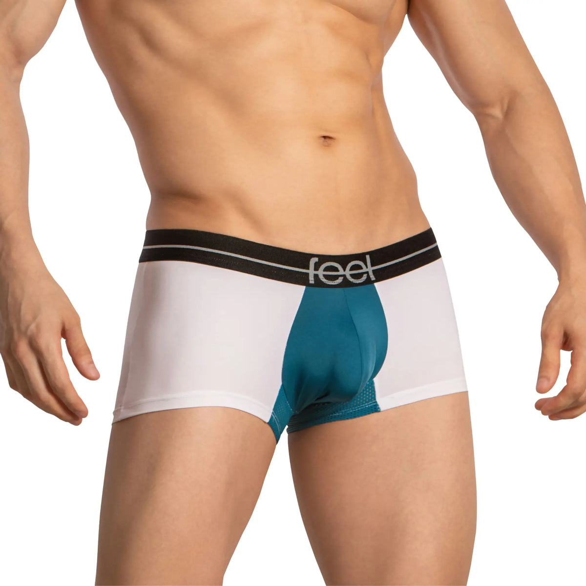 Feel feg030 boxer trunk menâ€™s white and teal cotton boxer briefs with black waistband and feel brand logo