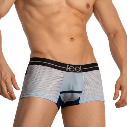 Feel feg031 boxer trunk light blue mesh briefs with black waistband and feel logo in white lettering