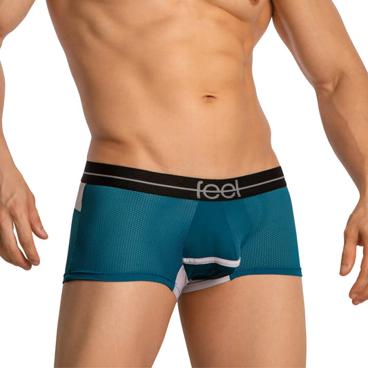 Feel FEG031 boxer trunk teal mesh briefs with black and white trim and feel brand logo on waistband