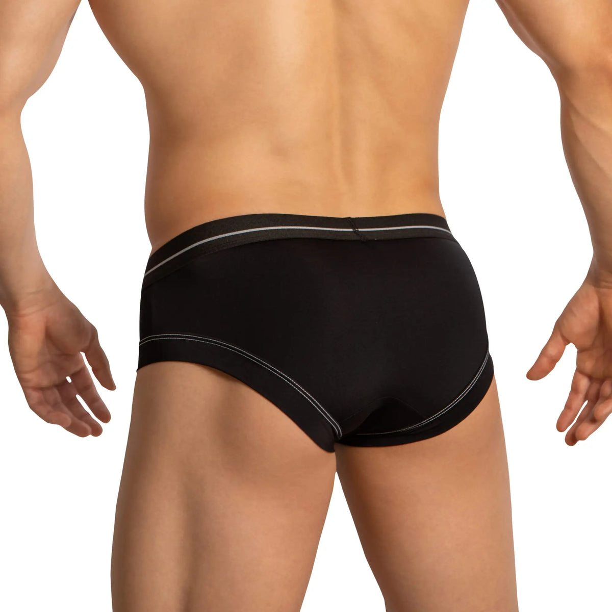 Feel feg032 boxer black briefs with white stitching along waistband and leg openings front view