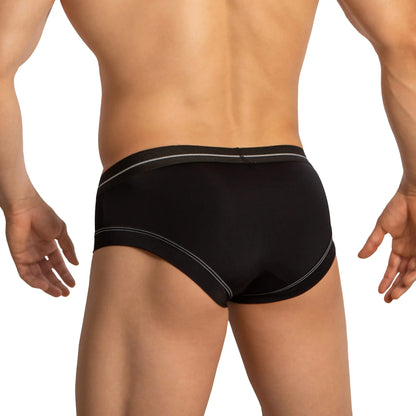 Feel feg032 boxer black briefs with white stitching along waistband and leg openings front view